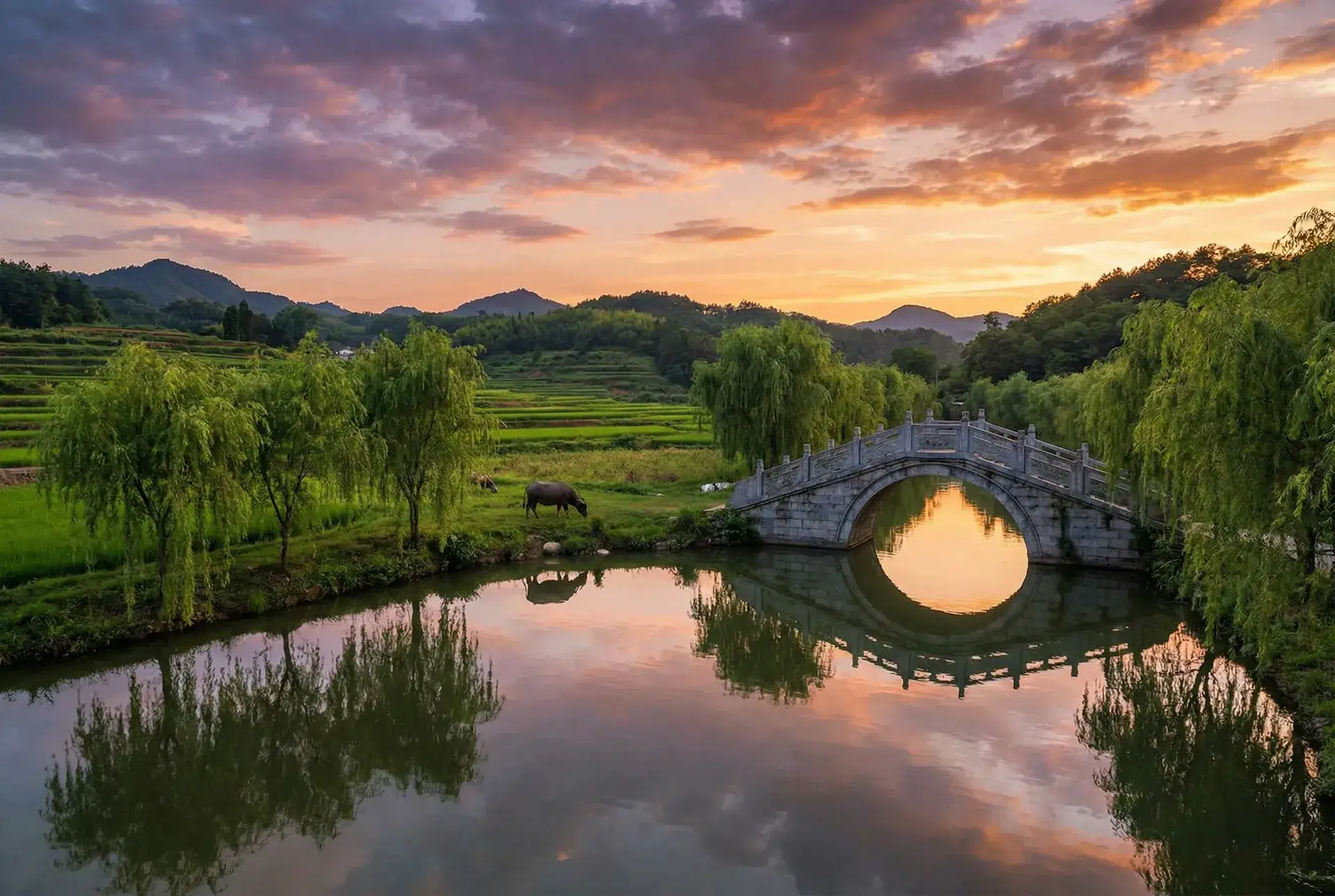 夕阳下的石拱桥与垂柳，水牛在河边吃草 - 儿子与情人免费播放 乡村美景
